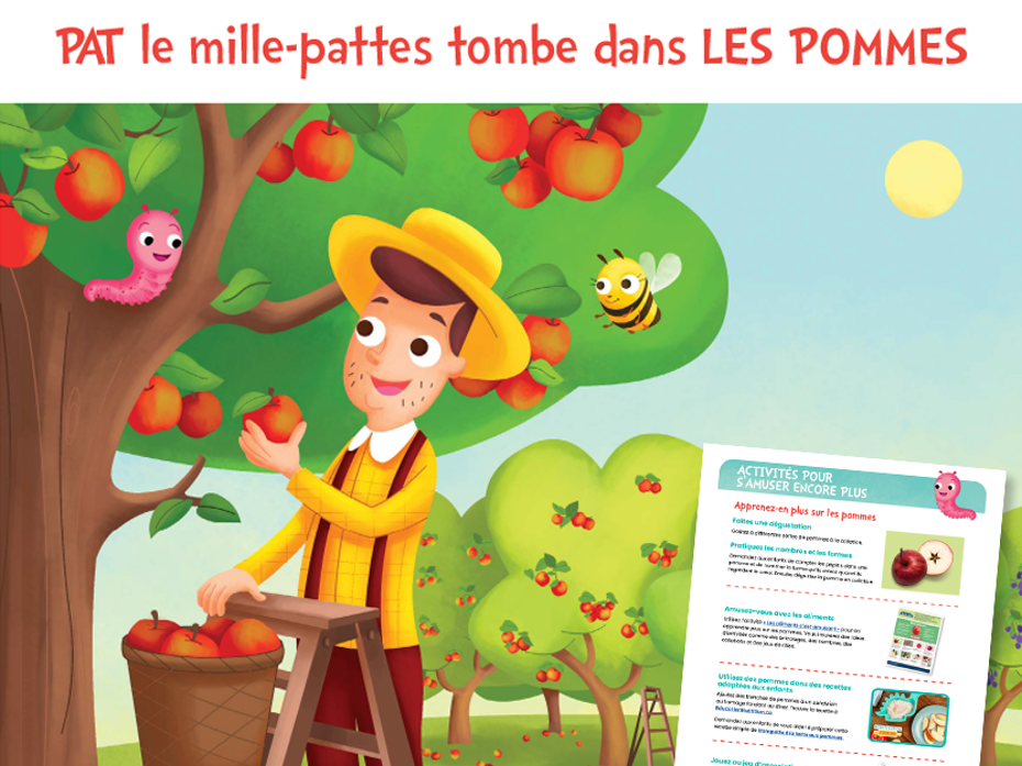 Pat le mille-pattes tombe dans les pommes- illustration d'un pomiculteur qui cueille des pommes dans son verger.