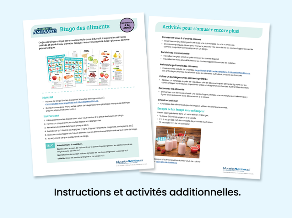 feuilles d'instructions pour le jeu de bingo