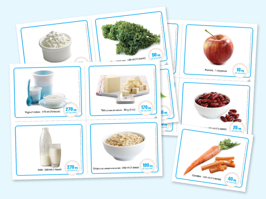 cartes-éclair avec aliments de différentes teneur en calcium