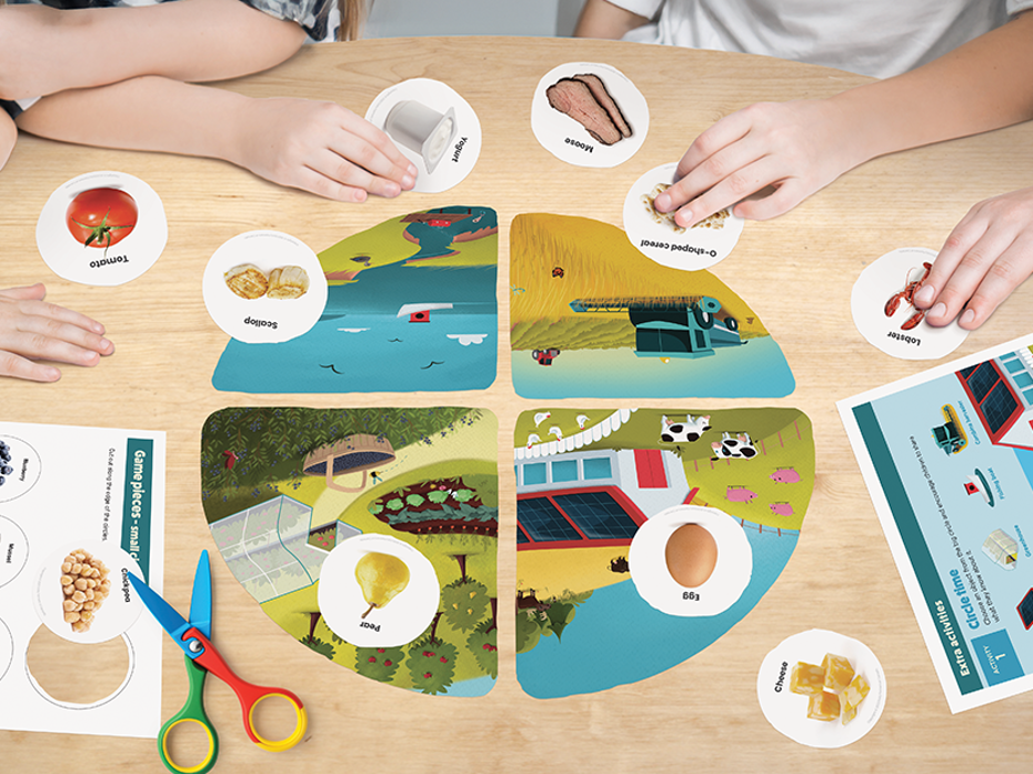 Des enfants qui jouent le jeu d'association des aliments à la table