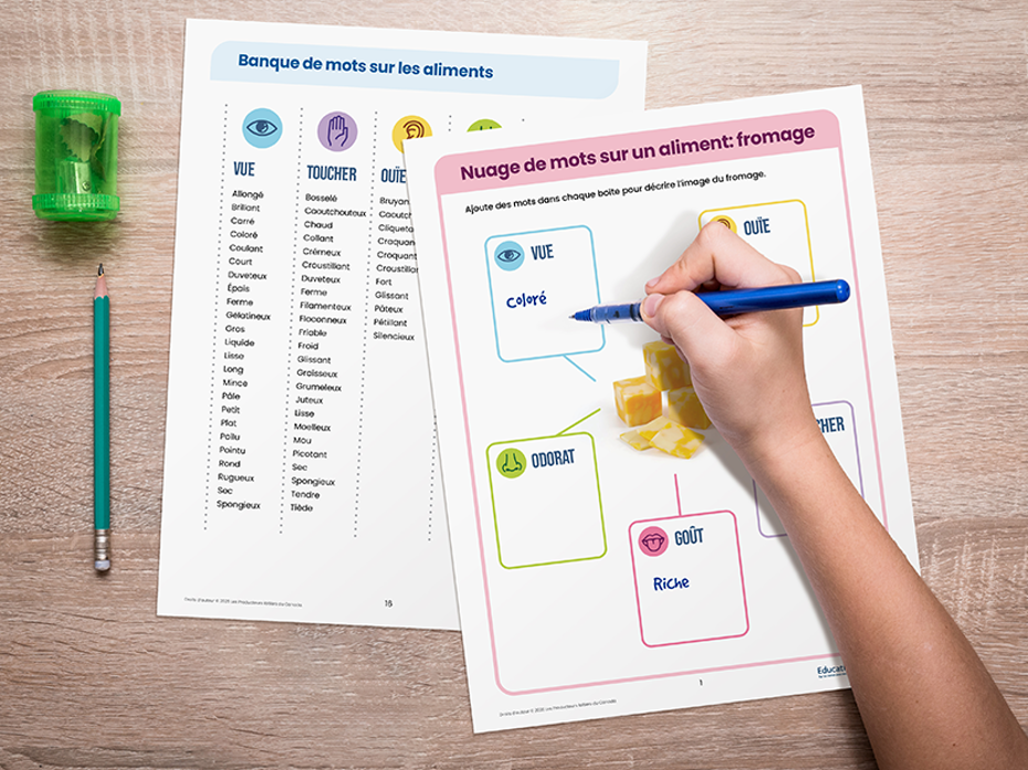 Jeu sur les aliments- feuilles d'activités sur une table avec un enfant qui écrit la dessus