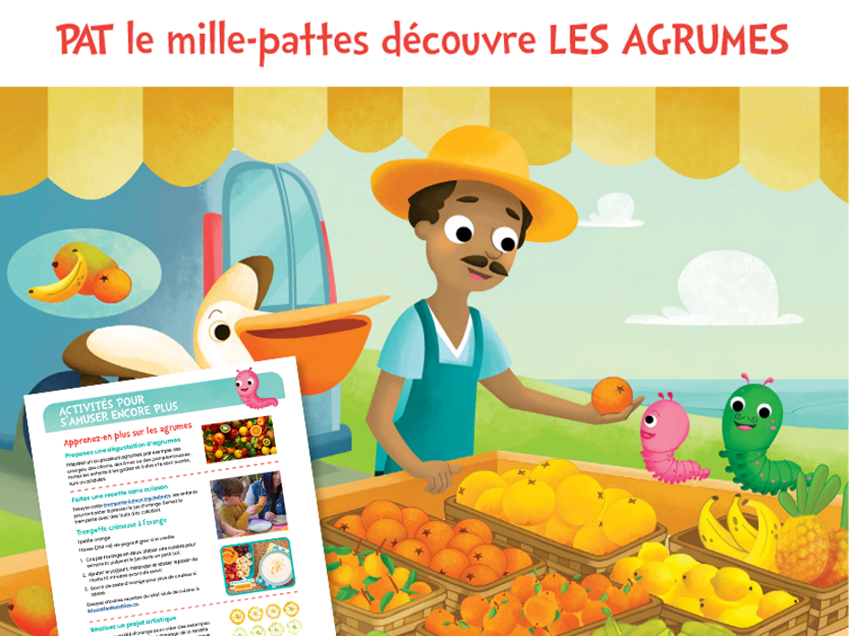 Pat le mille-pattes découvre les agrumes- illustration d'un monsieur qui vend des agrumes dans un marché.