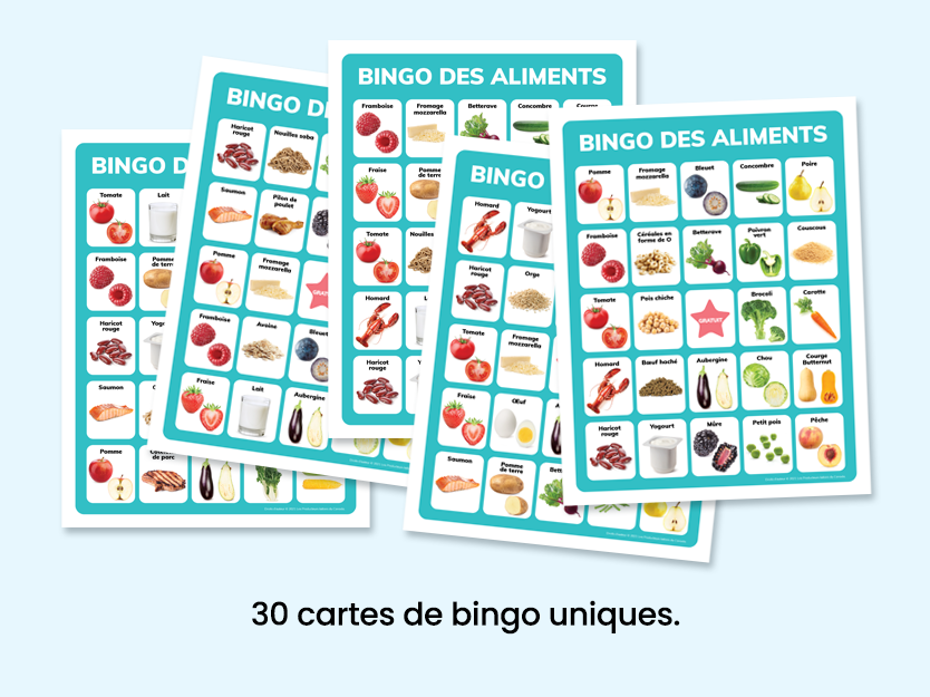 cartes de bingo avec images d'aliments
